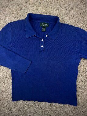 Lauren Ralph Lauren Women’s Polo Sweater Blue Knit Ribbed LS Size L Cotton